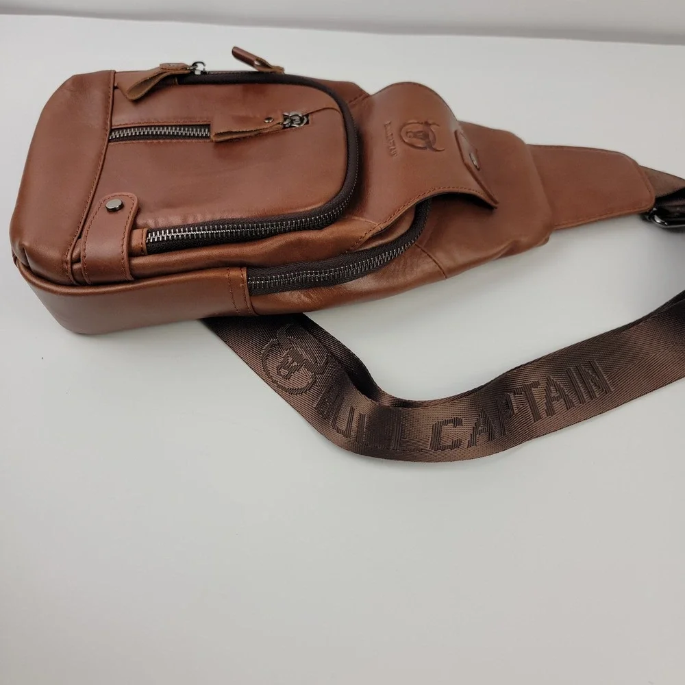 Bullcaptain Mens Brown Leather Sling Bag Crossbody Backpack with USB Port